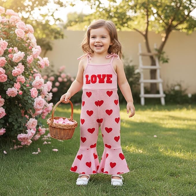 Toddler Baby Girl Valentines Day Outfit Love Sleeveless Tie-up Suspender Romper Bell Bottom Pants Spring Jumpsuit
