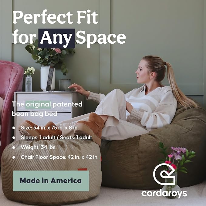 CordaRoy's Chenille Bean Bag-Convertible Bean Bag Chair-Machine-Washable Chenille Fabric Cover-for Basement,Living Room,Game Room,Dorm & More - Full Size - Moss | Made in The USA