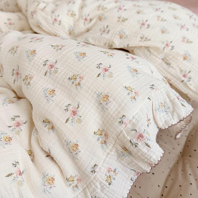 BuLuTu Cotton Muslin Duvet Cover Queen, Chic Shabby Azalea Floral Comforter Cover with Ruffles, Soft Breathable Gauze Quilt Covers for Kids Teens,90"x90", Zipper Closure, No Pillow