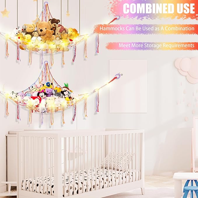 Stuffed Animal Hammock with LED Light, Large Stuffed Animals Storage Corner Plushie Net for Kids Room Decor, 2 Packs Rainbow