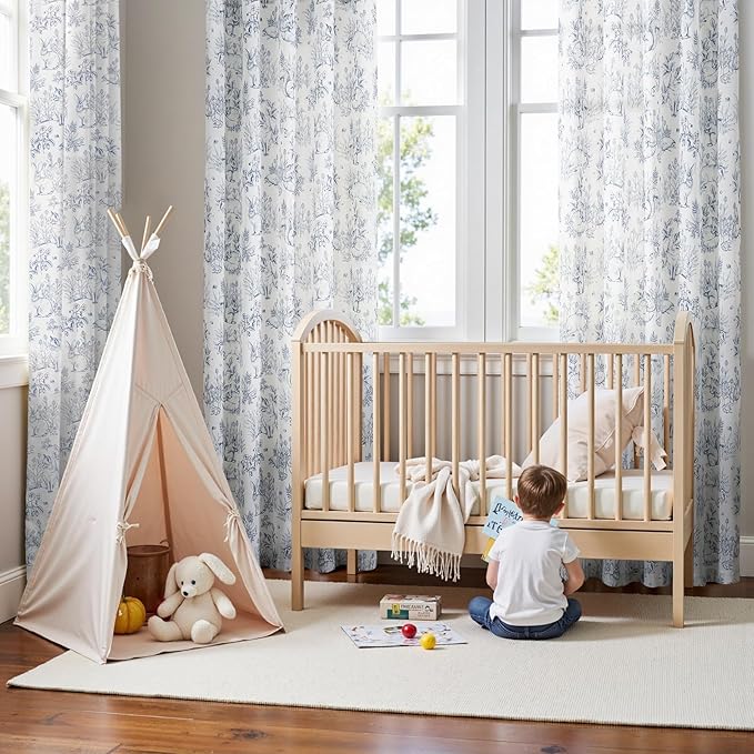 jinchan Linen Nursery Curtains 84 inch Long Woodland Wildlife Blue Print Drapes for Kid's Room Light Filtering French Country Farmhouse Curtains with Bunny and Forest Design Set of 2 Panels