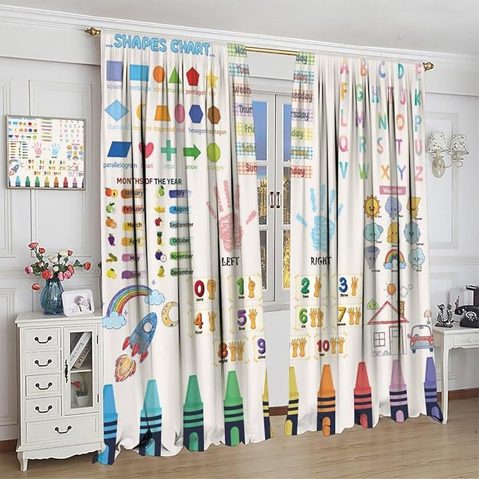 Kids Educational Alphabet Curtain,Boho Watercolor Alphabet Pastel Numbers Shapes Colors for Girls Child Nursery Home Kids Printed Rod Pocket Blackout Window Drapes for Bedroom Living Room 42"W X 45"L