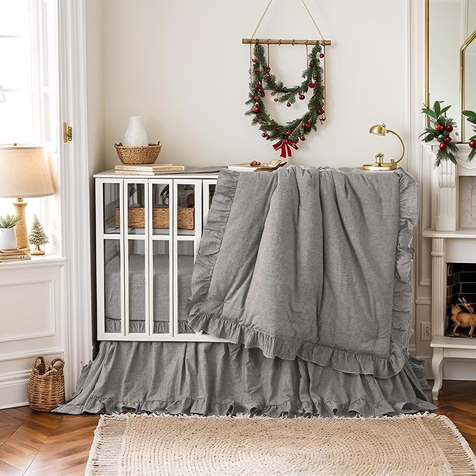 Brandream Ruffle Crib Bedding Set for Baby Boys 100% Cotton Gender Neutral Boho Bohemian Farmhouse Chic 6-Piece Nursery Bedding Set Grey