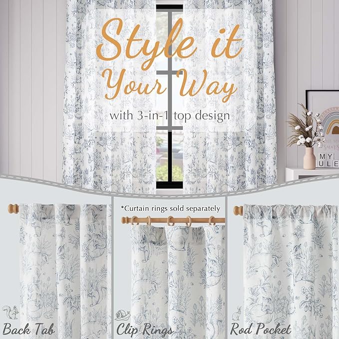 jinchan Linen Nursery Curtains 96 inch Long Woodland Wildlife Blue Print Drapes for Kid's Room Light Filtering French Country Farmhouse Curtains with Bunny and Forest Design Set of 2 Panels