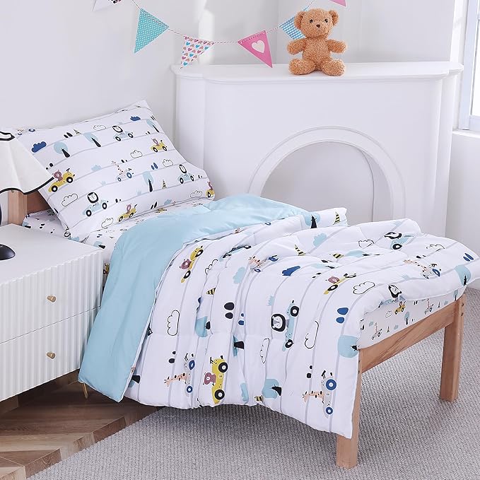 Viviland Animal Car Toddler Comforter Sets, Cute Boys Girls Toddler Bedding Set, Soft Microfiber White Toddler Bed Set