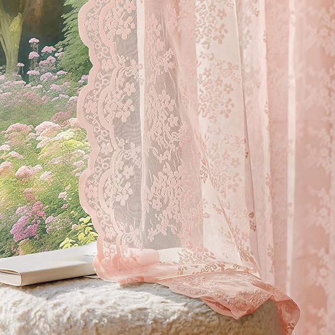 Anmao Vintage Lace Curtains 72 Inches Long 2 Panels Set, Romantic Elegant Light Filtering Semi Sheer Floral Thick Lacy Curtain Drapes for Living Room and Bedroom, Each Panel 55W x 72L, Blush Pink