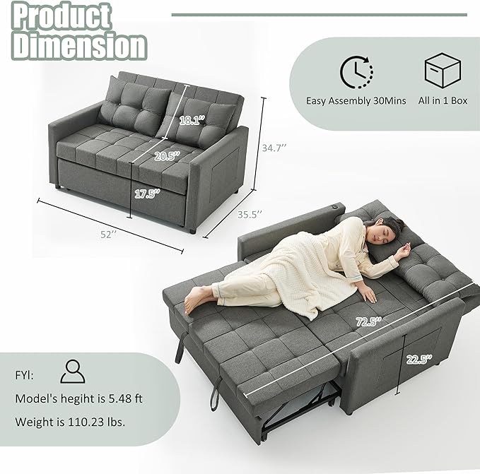 52" Sleeper Sofa with Pull-Out Bed, 3-in-1 Convertible Sofa Bed, Loveseat with Stepless Adjustable Backrest and Side Pocket, for Living Room Dorm Apartment, Linen, Dark Gray