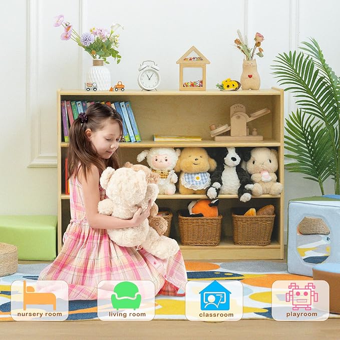 3 Tier Montessori Shelf 30in Toy Storage Shelf Birch Wood Kids Bookshelf Classroom Storage Shelves Low Bookcase Book Shelf for Kids Room Nursery Playroom Daycare Preschool, Natural