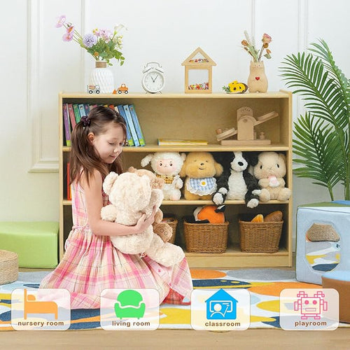 3 Tier Montessori Shelf 30in Toy Storage Shelf Birch Wood Kids Bookshelf Classroom Storage Shelves Low Bookcase Book Shelf for Kids Room Nursery Playroom Daycare Preschool, Natural