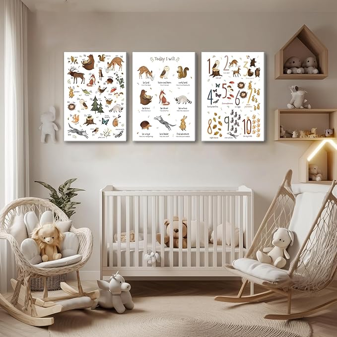 3Pcs Animal Alphabet Numbers Canvas Wall Art Classroom Nursery Painting Educational ABC Poster Prints Kids Playroom Picture Positive Affirmations Animal Wall Decor for Boy Girl Room 16x24in Framed