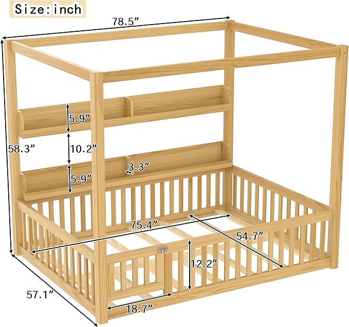 Bellemave Toddlers Full Size Canopy Bed with Fence and Door, Floor Bed with Storage Shelves and 4 Poster Design,Wood Montessori Bed Frame for Kids, Boys,Girls,Space Saving,Easy Assemble（Full,Natural）