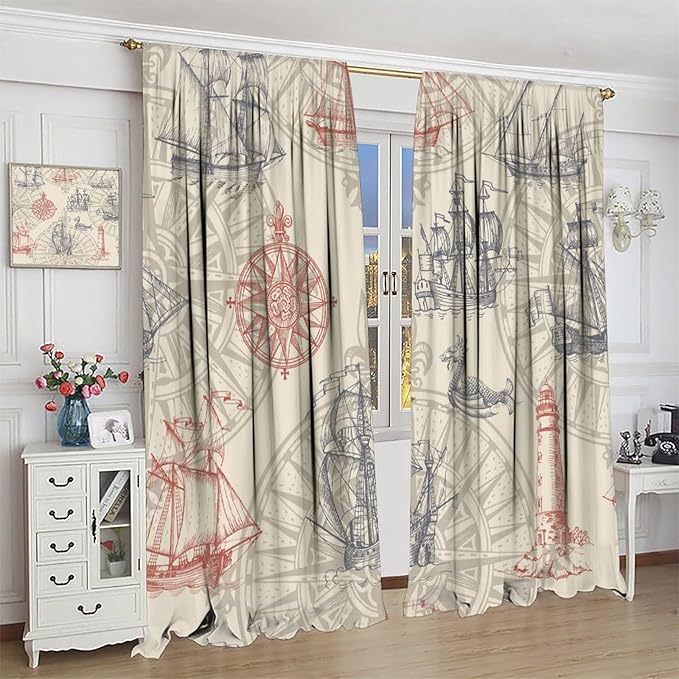 Abstract Nautical Curtain Set Seahorse Curtain for Kids Yellow Polyester Fabric Bedroom Curtain Set 2 Panels,42x45 Inches