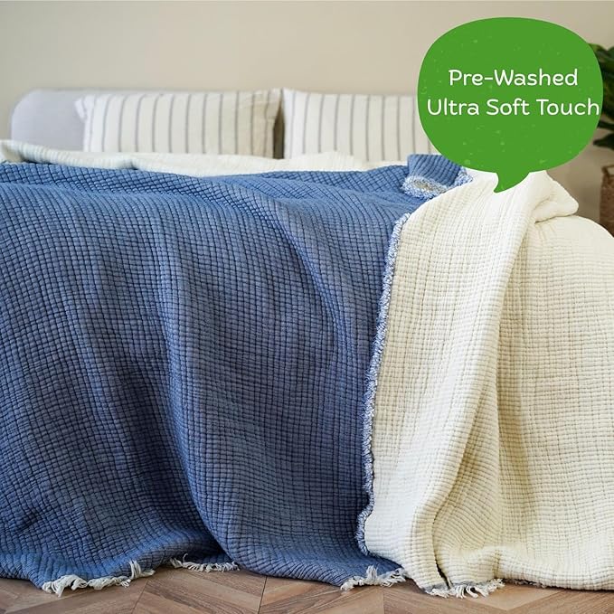 Christmas Muslin Comforter – Cotton Muslin Blanket with Soft Fiber Filling, Breathable & Cozy Muslin Throw Blanket, Reversible Holiday Quilt (Dusty Blue, King (U.S. Standard))