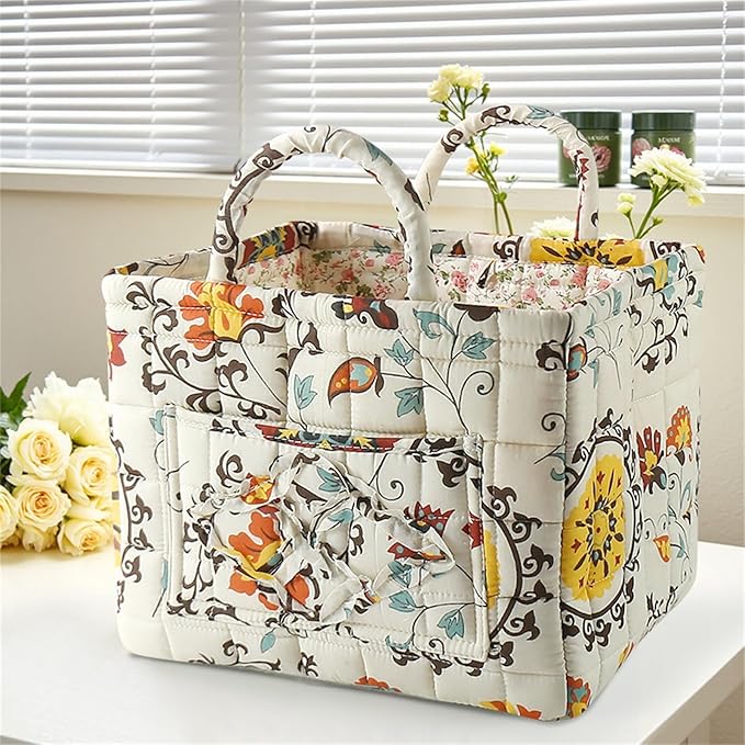 Boho Fabric Storage Basket, Collapsible Floral Laundry Nursery Hamper, Portable Folding Organizer Bin for Home Office Picnic Clothes Toys Books Sundries Storage (Floral 13)