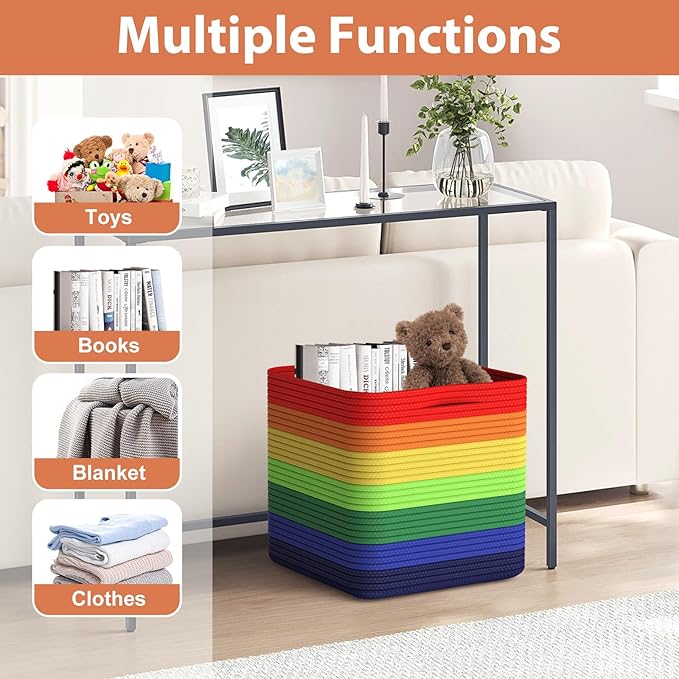 Storage Cotton Cubes 11 Inch, Woven Cotton Rope Storage Baskets for Toys Blanket Organizing, Storage Bins Decorative Organizer with Handles for Living Room Laundry Room Closet (3 Pack, Rainbow)