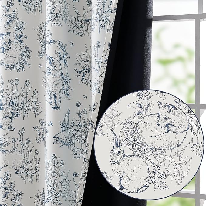 jinchan Blackout Nursery Curtains 63 Inches Long, Bunny Woodland Toile Curtains Blue on Beige Animal Printed Drapes for Bedroom Thermal Insulated Farmhouse Rod Pocket Window Treatment 2 Panels