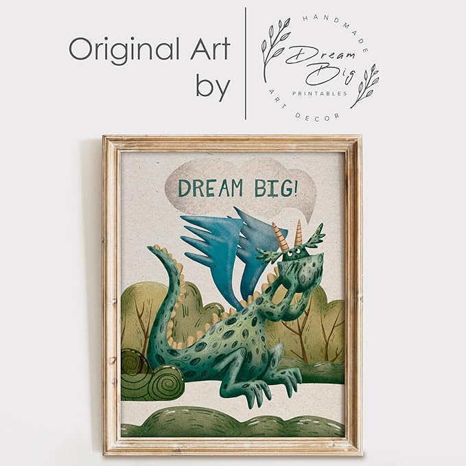 DREAM BIG PRINTABLES Dragon Art Prints (Set of 4) - Unframed - 11x14 | Wall Art for Home, Office, Kids Room, Bedroom, Classroom Decor