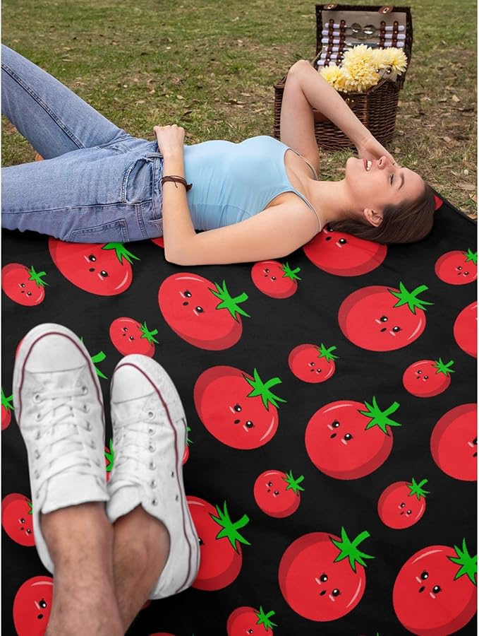 Thuswarm Cute Tomato Kawaii Black Flannel Throw Blanket Warm Cozy Soft Funny Print Blankets for Bed Couch Sofa Room Decoration Gifts 120”×90” Extra Large for Family
