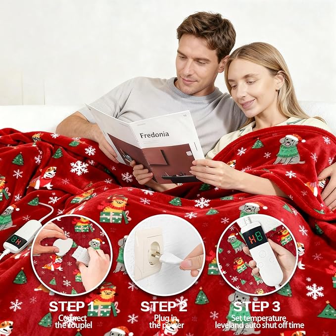 Electric Blanket Heated Twin, Soft Flannel 62"x84" Plaid Heating Blanket with 8 Hours Auto Off 10 Fast Heating Levels Machine Washable Sherpa Heated Blanket with Overheating Protection