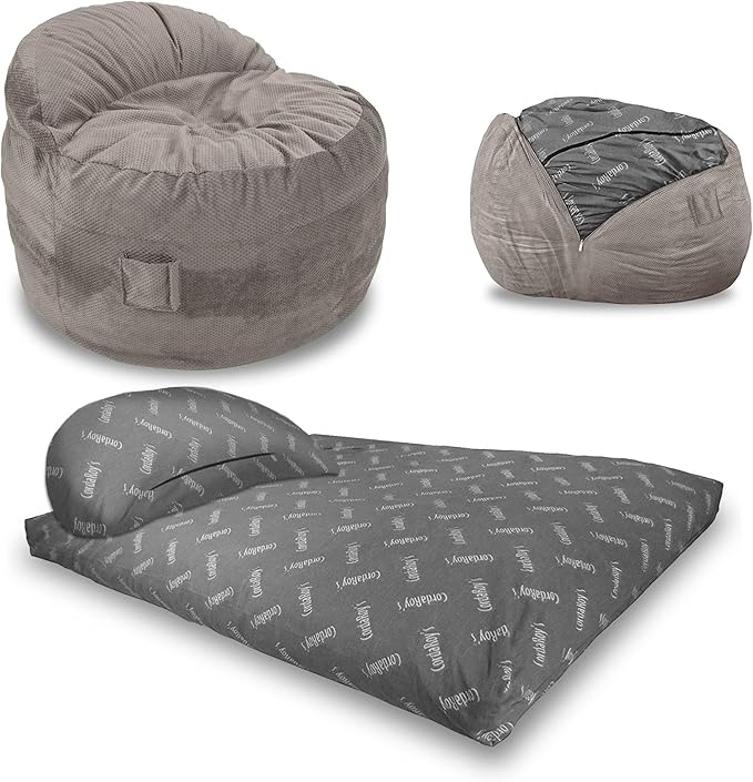 CordaRoy's NEST Gaming Bean Bag Chair-Convertible Bean Bag Chair -Washable Chenille Cover with Pockets for Remote,Controllers-for Living Room,Basement-Full Size-Charcoal|Made in The USA