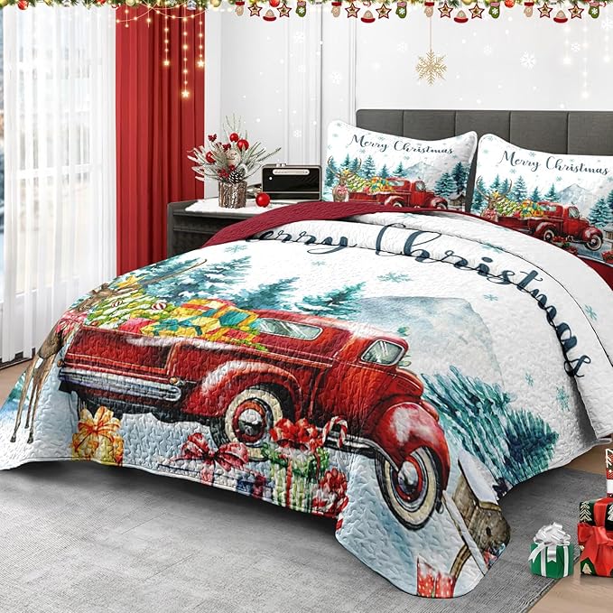 Christmas Full/Queen Size Quilt Set, Red Vintage Truck Elk Lightweight Bedspread Coverlet with Pillow Shams for Kids and Adults, Winter Forest 3 Pcs Bedding Bed Cover