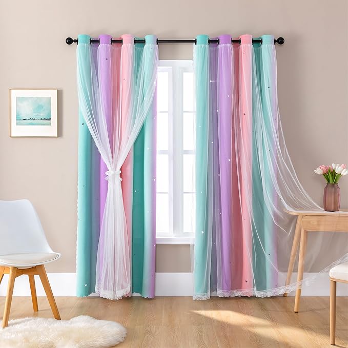 XiDi Girls Blackout Curtains 96 Inches Long for Bedroom, Room Darkening Grommet Window Ombre Curtains 2 Panel Sets, Kids Unicorn Princess Theme Decor Colorful Rainbow Design Pink/Purple/Green 52x96