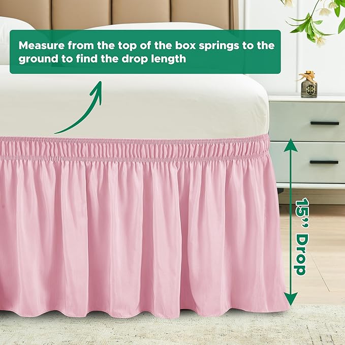 Biscaynebay Wrap Around Bed Skirts for King & Cal King Beds 15" Drop, Pink Adjustable Elastic Dust Ruffles Easy Fit Wrinkle & Fade Resistant Silky Luxurious Fabric Machine Washable