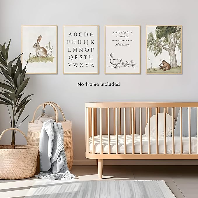 Kousne Nursery Gallery Wall Art Animal Canvas Prints Vintage Rustic Poster Set for Kids’ Room Decor Alphabet Inspirational Quotes Wall Art Neutral Baby Room Painting Unframed12x16 Inches