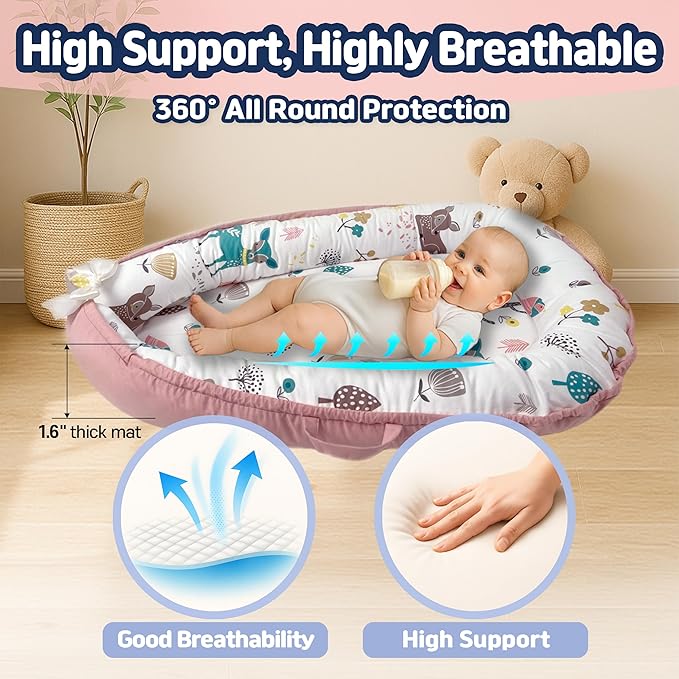 Baby Lounger for Newborn 0–24 Months, Baby Pillow & Baby Nest Lounger, Organic Cotton Breathable Infant Pillow, Portable Baby Nest for Home & Travel (Pink)