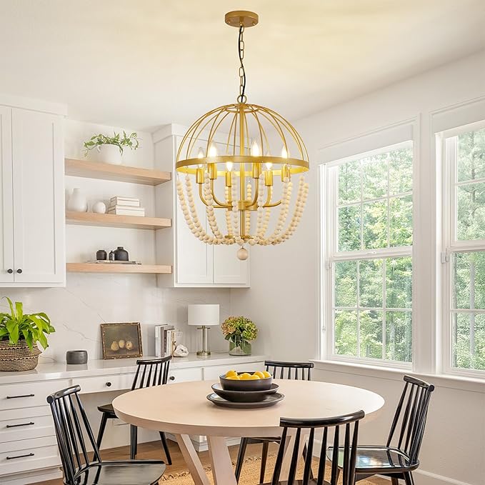 WJShome Modern Farmhouse Light fixtures, 6-Light Gold Boho Bead Spherical Chandelier, Dining Room Wooden Bead Lantern Pendant Light for Bedroom, Kitchen, Hallway, Entryway Foyer