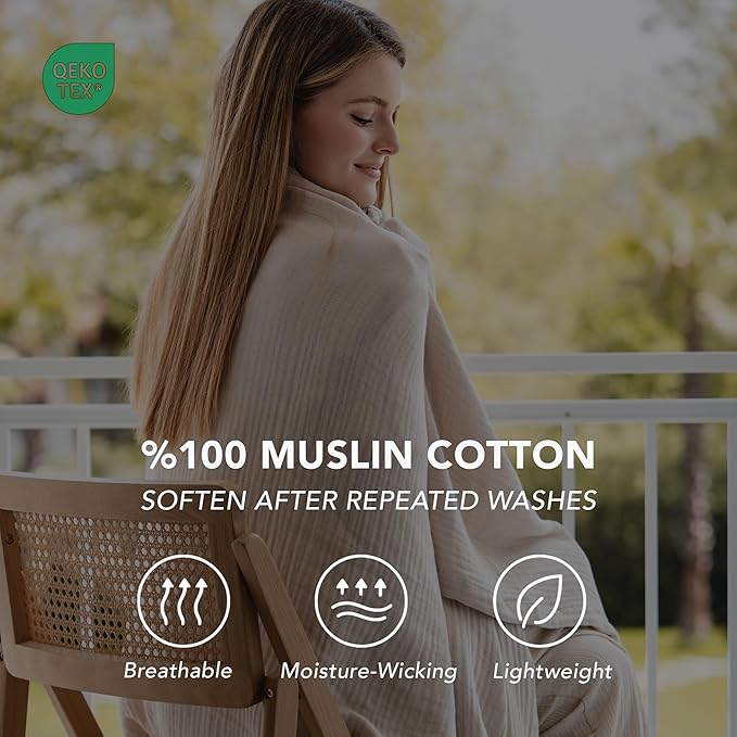 Goqan Muslin Blanket Twin 55x79 – 100% Cotton 4 Layer Boho Muslin Blanket for Adults, Lightweight, Soft, Breathable, for Bed, Couch - Beige