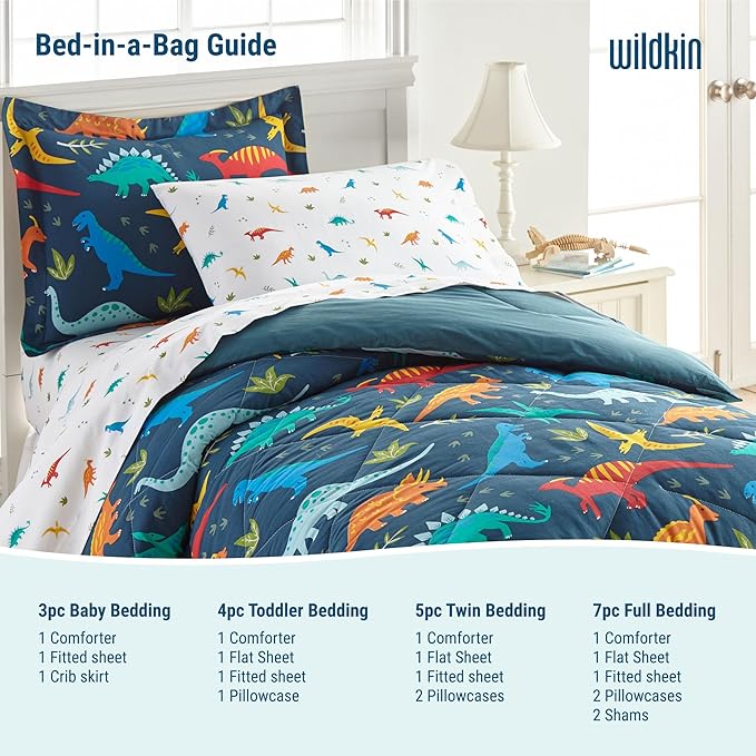 Wildkin 5-Piece Twin Bedding Set – 100% Cotton Comforter, Sheets & Pillowcase for Cozy Cuddles - Jurassic Dinosaurs