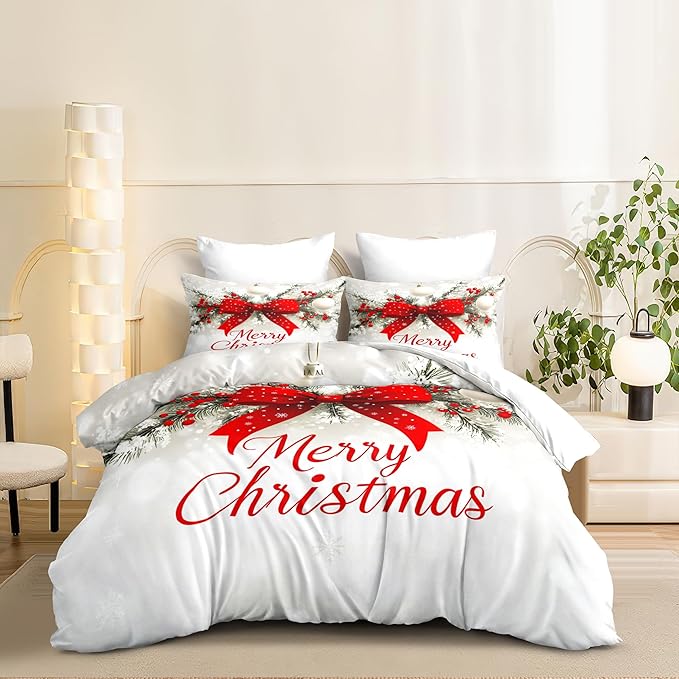 Christmas Duvet Cover King Size Merry Christmas Bedding Set 3 Pieces Kids Boys Girls Red Bow Pattern Comforter Cover with Zipper Closure