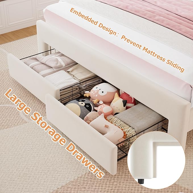 Queen Upholstered LED Bed Frame with 2 Storage Drawers and Adjustable Chic Double Wavy Headboard, Velvet Princess Platform Bed with Charing Station, Solid Wood Slats Support,No Box Spring Needed,Beige