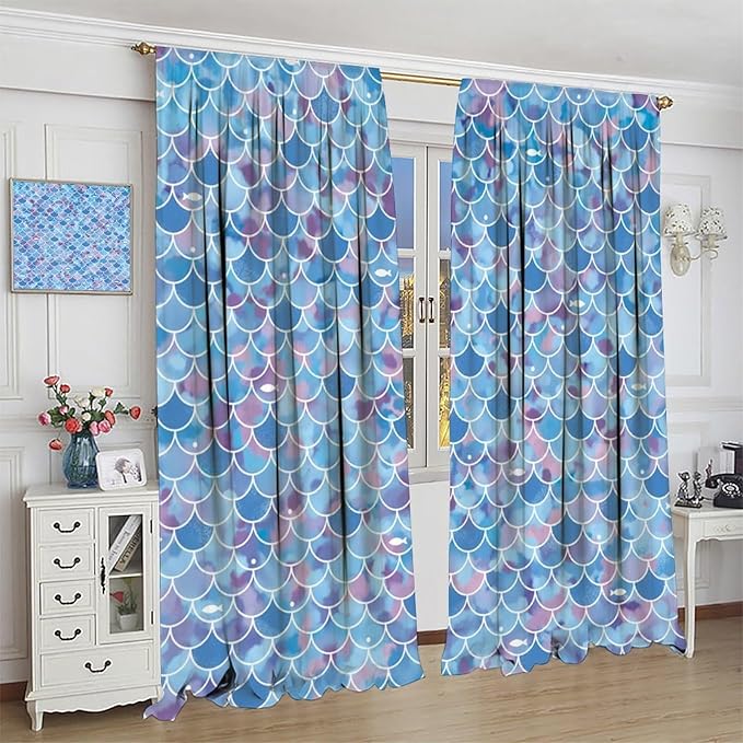 Mermaid Blackout Curtains, Kids Cartoon Blue and Pink Ocean Mermaid Scale Pattern Decoration for Girls Bedroom Nursery Curtains 42x45 Inch