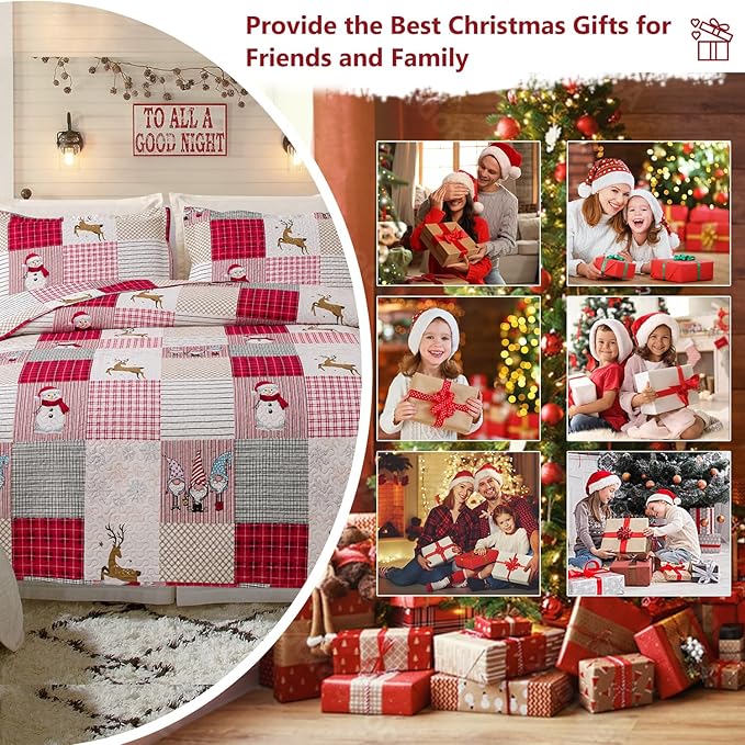 Jessy Home Christmas Bedding Set Twin Christmas Quilt Bedspread,Pink Gnome Santa Claus Plaid Patchwork Xmas Quilt Bedding Decor Winter Snowman Elk Lightweight Reversible Bedspread Coverlet