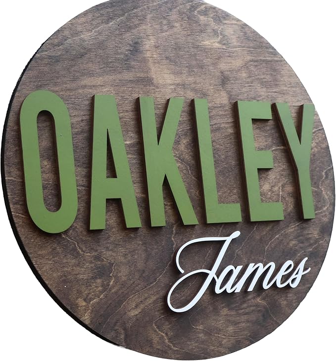 Custom Round Nusery Name Sign, Personalized 3D Baby Name Announcement Sign, Personalized Wooden Wall Plaque, 3D Wall Art for Children & Kids Rooms, Family Name Signs, 30 Colors (Design 10)