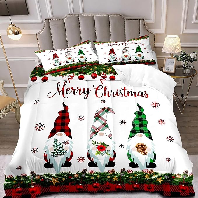 LUVIVIHOME 2PCS Merry Christmas Comforter Set Twin Size, Gnomes Bedding, Cute Christmas Bedroom Decor for Kids Boys Girls Teens, Xmas Gifts, Buffalo Plaid Christmas Gnomes Decorations, 1 Pillow Case