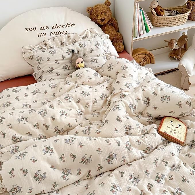 BuLuTu Muslin Floral Duvet Cover for Toddler Girls, Chic Shabby Aesthetic Kids Duvet Covers with Ruffles, All Seasons Gauze Cotton Toddler Bed Comforter Cover with Zipper, 47"x59", No Pillowcases