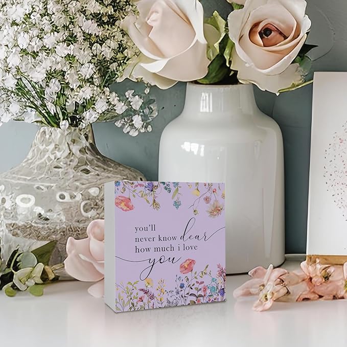 Purple Boho Flower Nursery Wooden Sign Desk Decor, Wildflower Floral Decorative Signs for Baby Girl Room, You'll Never Know Dear How Much I Love You Sign Home Shelf Desk Decor 5x5 Inch