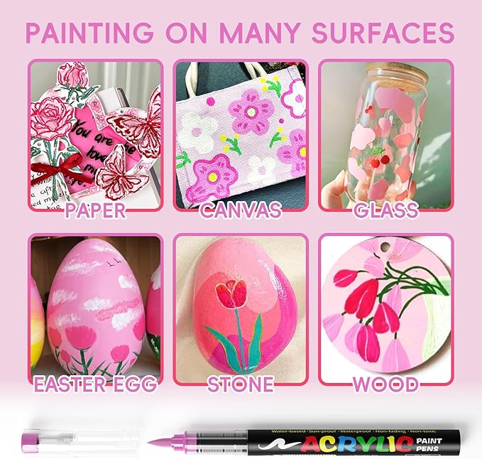 Paint Pens Acrylic Markers - 9 Pink Series Brush Tip Water Based Marker Pens for Rock Painting, Wood, Ceramic, Glass, Acrylic Paint Markers for Egg Pumpkin