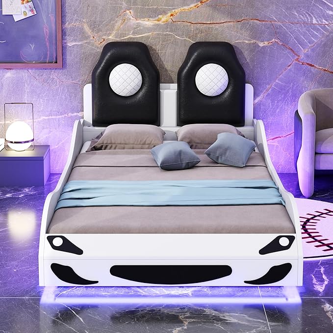 Harper & Bright Designs Wood Twin Size Race Car-Shaped Platform Bed with LED and Upholstered Backrest, White