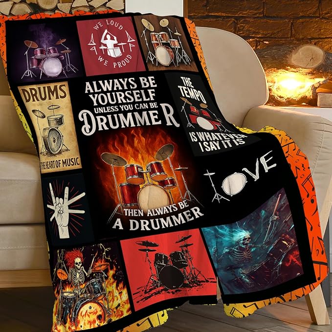 Drum Set Fleece Blanket Rock Music Throw Blankets for Girls Boys Super Soft Warm Flannel Cool Musical Instrument Throws Gifts for Men Women Cozy Fuzzy Plush Stuffed Couch Bed Bedding Decor 50"x40"