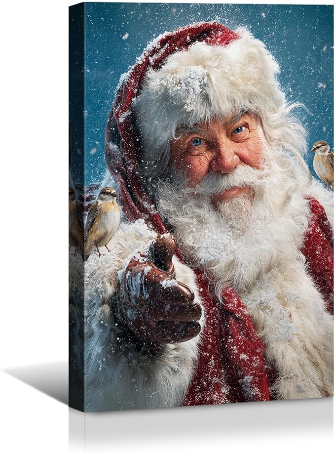 YONICA Christmas Canvas Wall Art Snowy Santa 18x24 Inch Winter Scene with Birds and Snowfall - Large Framed Gallery Wrapped Nature Theme