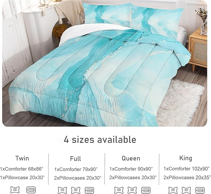Comforter Set Blue Marble: King Size Aqua Blue Bedding Sets for Women Girls Teens Bedroom Luxury Silver Glitter Quilt Abstract Marbling Bed Set 1 Comforter & 2 Pillowcases