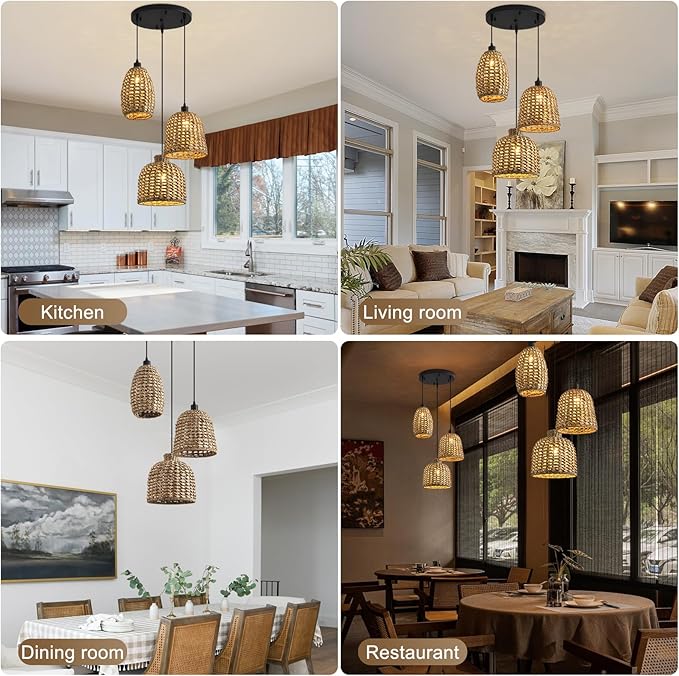 Rattan Pendant Lights,3-Light Wicker Coastal Chandelier Hand-Woven Boho Hanging Light,Kitchen Island Farmhouse Dining Room Living Room