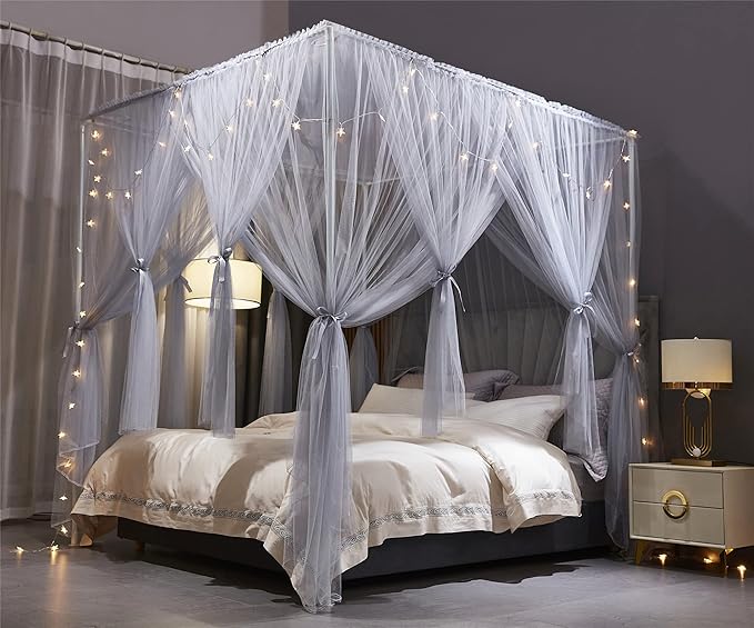 VETHIN 4 Corners Post Princess Bed Canopy Curtain Double Layer Cozy Drape Netting 4 Opening Mosquito Net for Girls & Adults Bedroom Decoration Accessories (Double Gray, 53" W*78" L*82"*H/(Full))