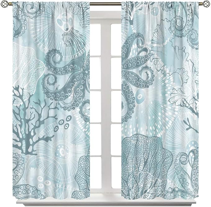 Coastal Window Curtains,Nautical Beach Themed Thermal Insulating Blackout Curtain for Living Room, Bedroom Set 2 Panels,42x63 Inches
