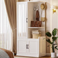 LIKIMIO Armoire Wardrobe Closet, 70" H Wooden Bedroom Armoire with Mirror, 2 Cabinet, Pegboard and a Open Shelf, Large Freestanding Clothing Storage Cabinet with 3 Doors, White