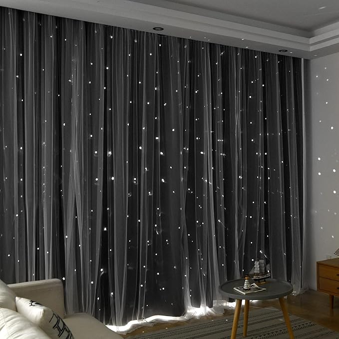 Kinryb Kids Blackout Curtains for Bedroom/Living Room/Classroom, Sheer Overlay 2 Panel Set, Double Layer Curtains with Star Cutout for Kids Room(Each Piece W 70 x L 84 Inches 2 Pcs Grey)